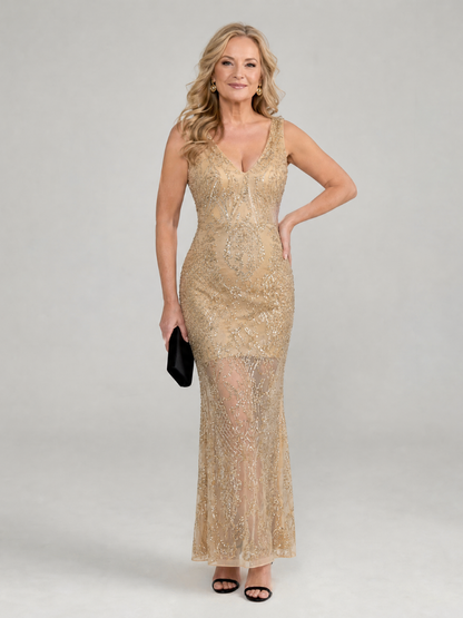 Vestido Midi con Sequin y Paneles Transparentes | Sin Mangas Elegante