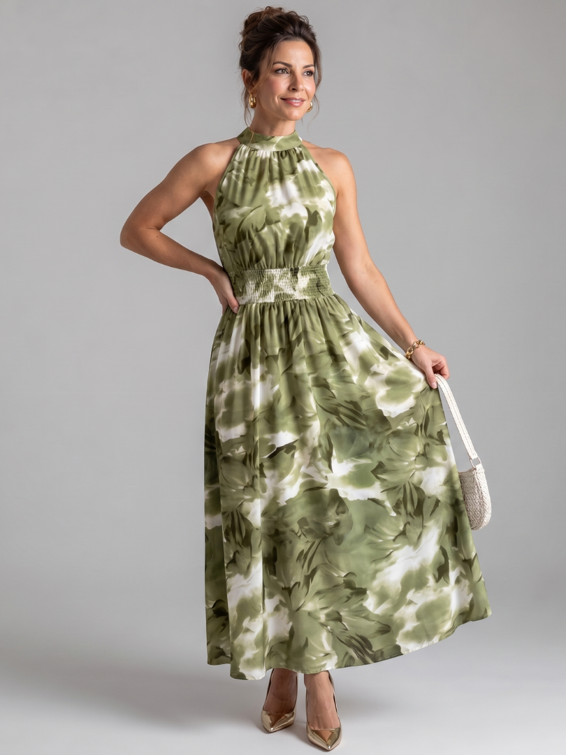 Vestido Midi con Estampado Floral y Cintura Recogida | Diseño Abstracto