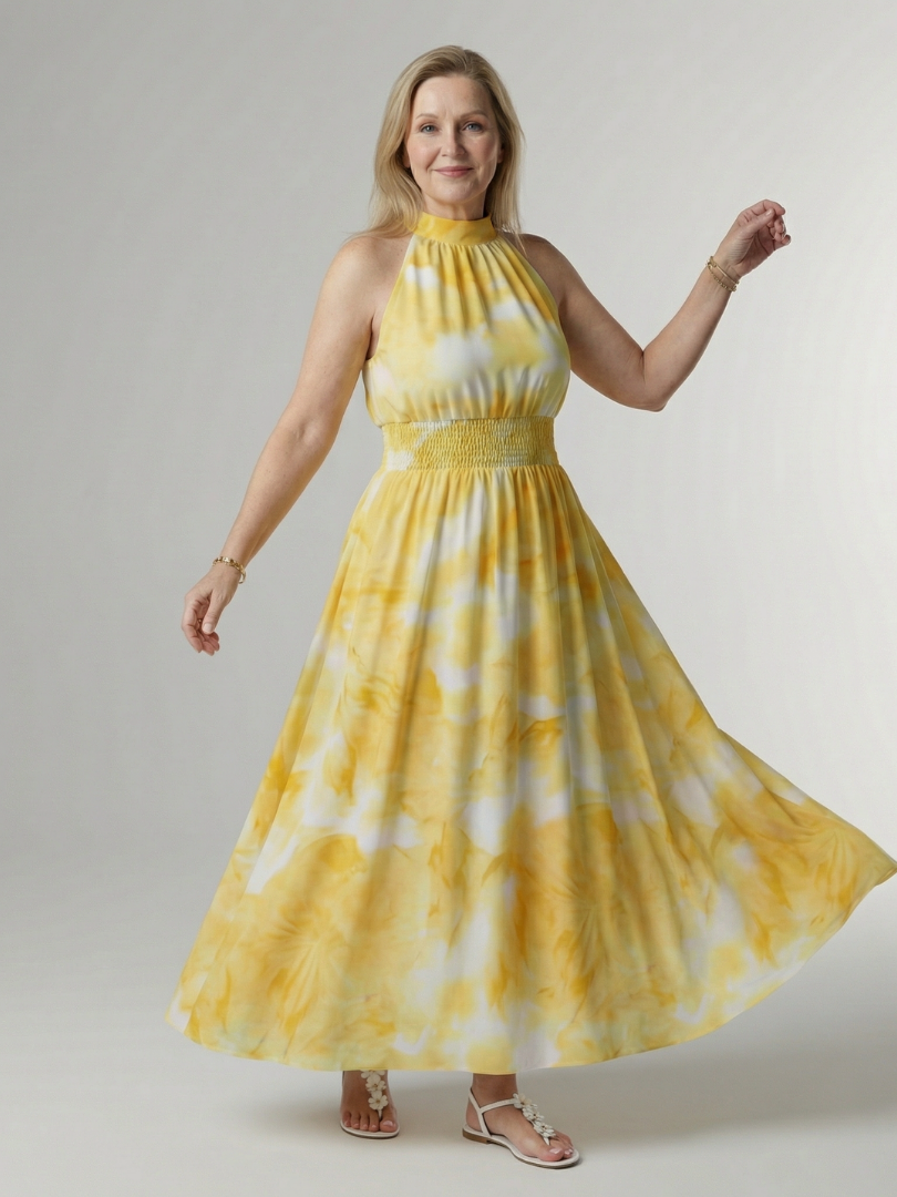 Vestido Midi con Estampado Floral Recogido y Cuello Halter | Diseño Elegante