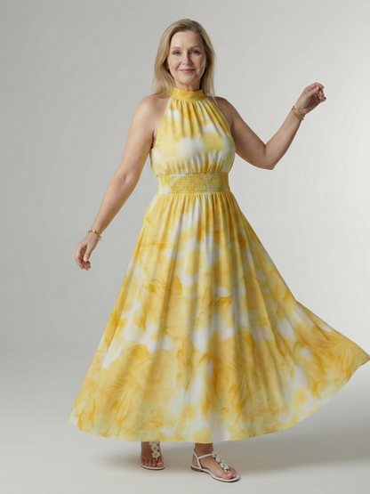 Vestido Midi con Estampado Floral Recogido y Cuello Halter | Diseño Elegante
