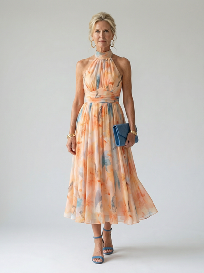 Vestido Midi Suave con Cuello Halter y Efecto Recogido | Diseño Elegante