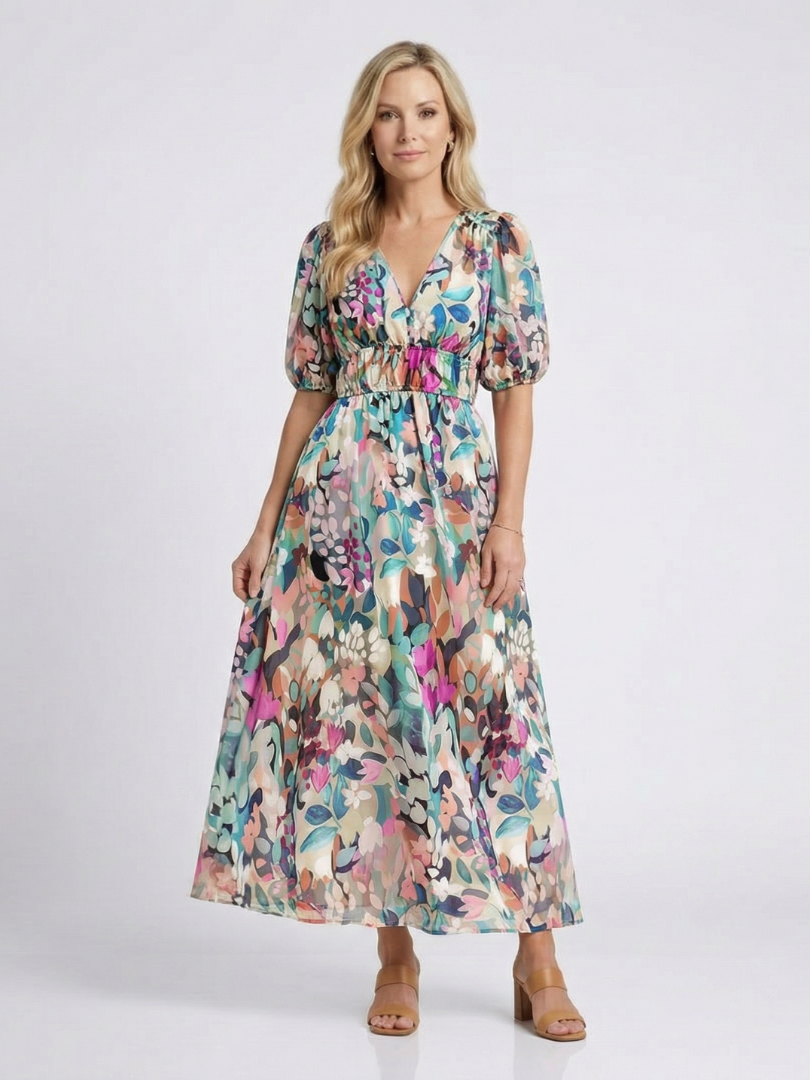 Vestido midi con cuello en V fruncido floral - fresco y elegante