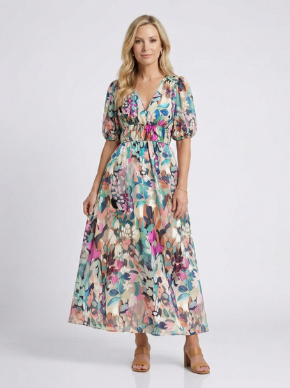 Vestido midi con cuello en V fruncido floral - fresco y elegante
