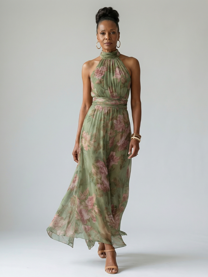 Vestido Midi con Cuello Halter y Estampado Floral | Diseño Recogido