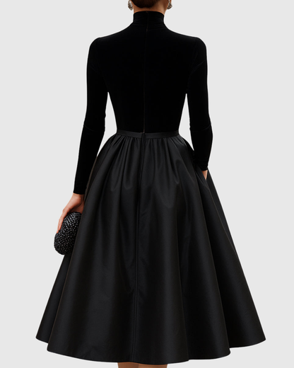 Vestido midi elegante de terciopelo y satén con cuello alto y falda amplia para mujer, sofisticado y cálido para fiesta o evento