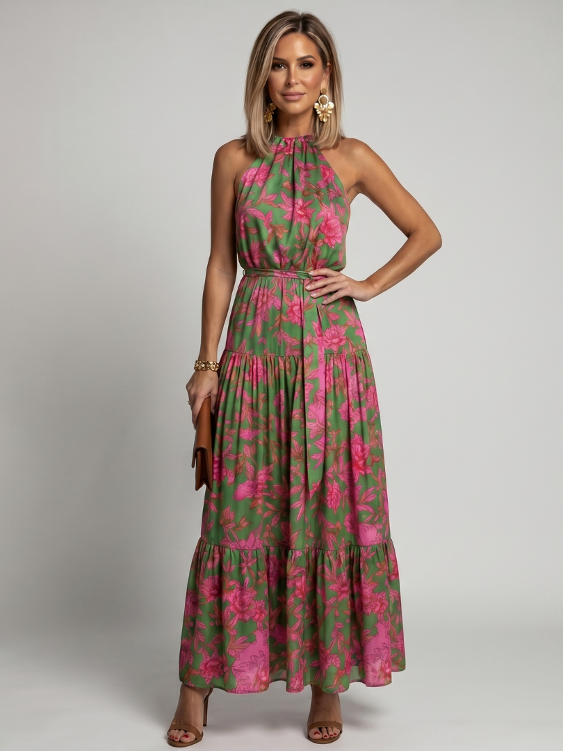Vestido Midi con Drapeado y Cuello Halter | Diseño Elegante y Femenino