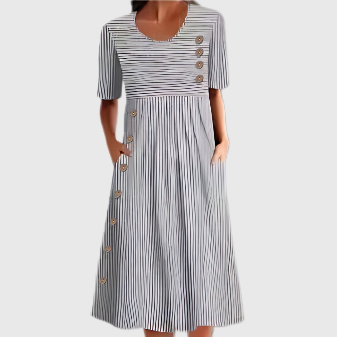 Vestido Midi A Rayas Con Botones Para Mujer - Estilo Clásico