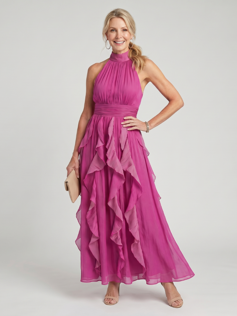 Vestido Maxi con Cuello Alto y Volantes Recogidos | Estilo Elegante