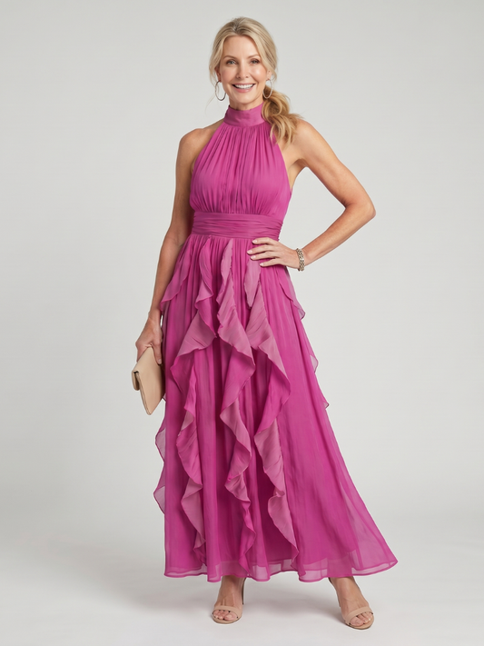 Vestido Maxi con Cuello Alto y Volantes Recogidos | Estilo Elegante