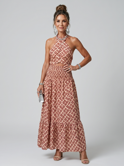 Vestido Midi Cruzado con Estampado Geométrico y Cuello Halter | Elegante