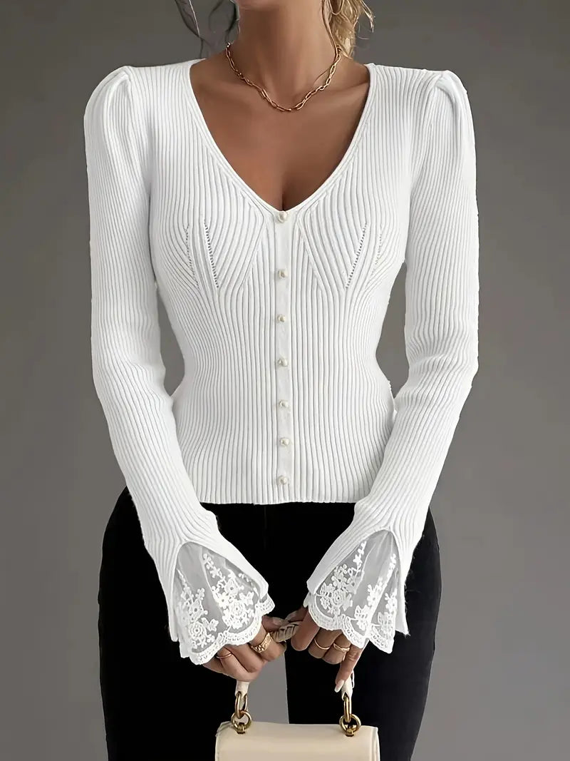 Blusa de mujer con cuello en V y mangas de encaje, elegante y cómoda