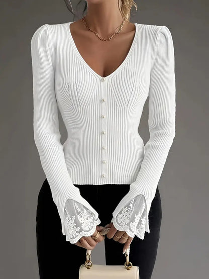 Blusa de mujer con cuello en V y mangas de encaje, elegante y cómoda