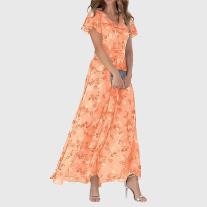 Vestido maxi favorecedor con escote en V y estampado floral para mujer, ligero y elegante para verano o evento
