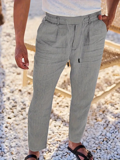 Pantalones anchos de lino con cordón para mujer, ligeros y transpirables para verano o viaje