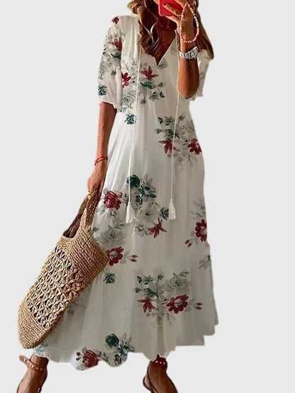 Vestido boho vintage de verano con estampado floral, escote en V y falda maxi fluida para mujer