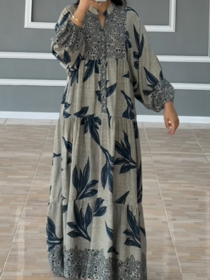 Vestido largo estampado para mujer con mangas farol y corte holgado, fluido, cómodo y elegante para uso diario