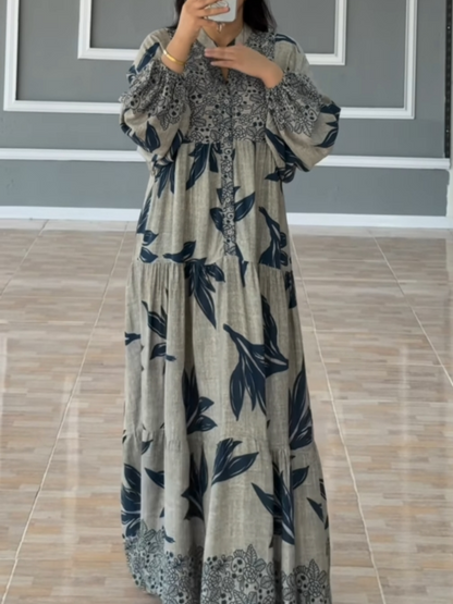 Vestido largo estampado para mujer con mangas farol y corte holgado, fluido, cómodo y elegante para uso diario