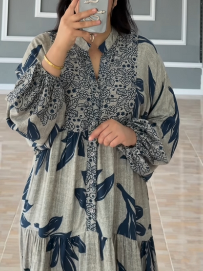 Vestido largo estampado para mujer con mangas farol y corte holgado, fluido, cómodo y elegante para uso diario
