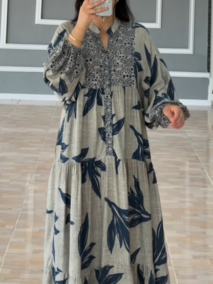 Vestido largo estampado para mujer con mangas farol y corte holgado, fluido, cómodo y elegante para uso diario