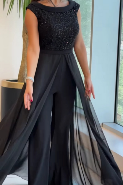 Mono largo de tul para mujer con cuello redondo y panel superior texturizado, elegante, fluido y sofisticado