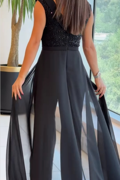 Mono largo de tul para mujer con cuello redondo y panel superior texturizado, elegante, fluido y sofisticado