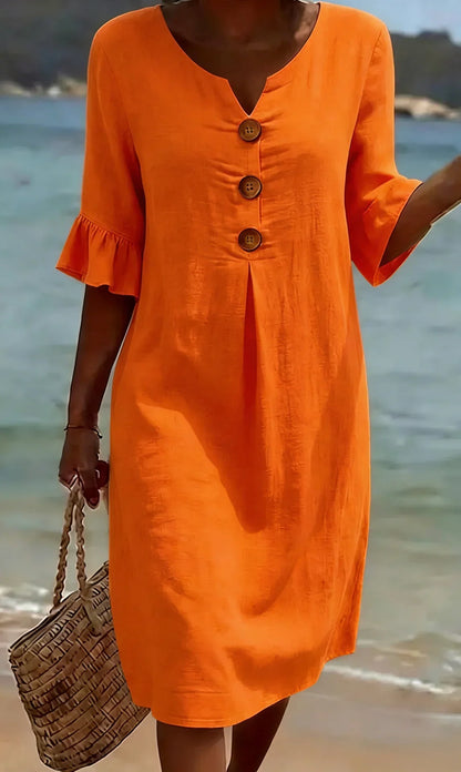 Vestido con Textura de Lino y Manga Abullonada | Estilo Elegante