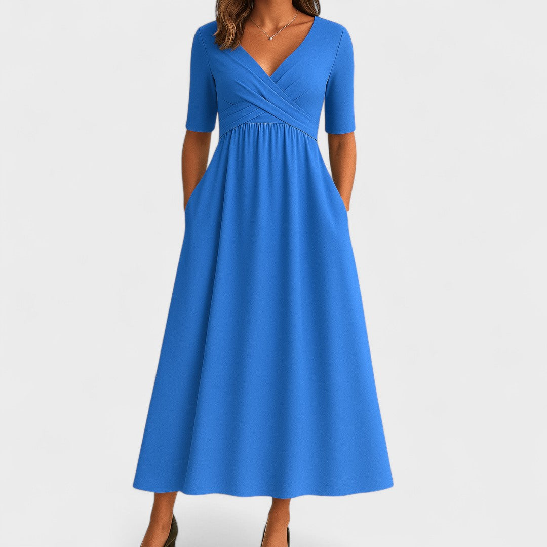 Vestido midi elegante con escote en V cruzado y cintura fruncida para mujer, falda fluida y tejido ligero ideal para diario o evento