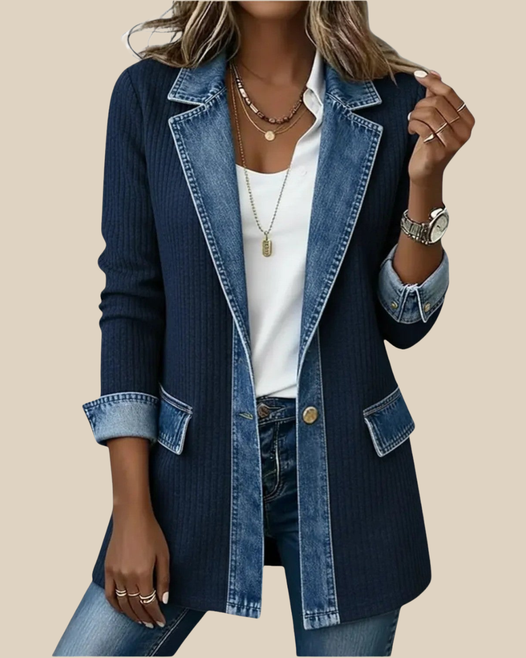 Bobbi | Chaqueta Denim Patchwork con Detalles de Punto para Mujer