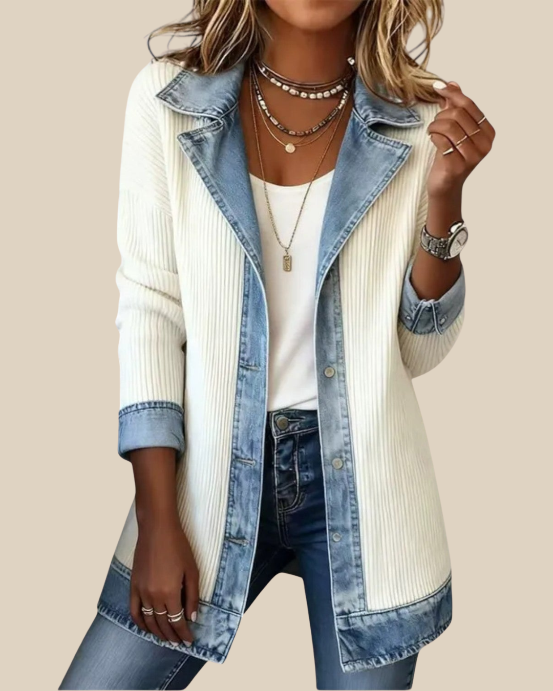 Bobbi | Chaqueta Denim Patchwork con Detalles de Punto para Mujer