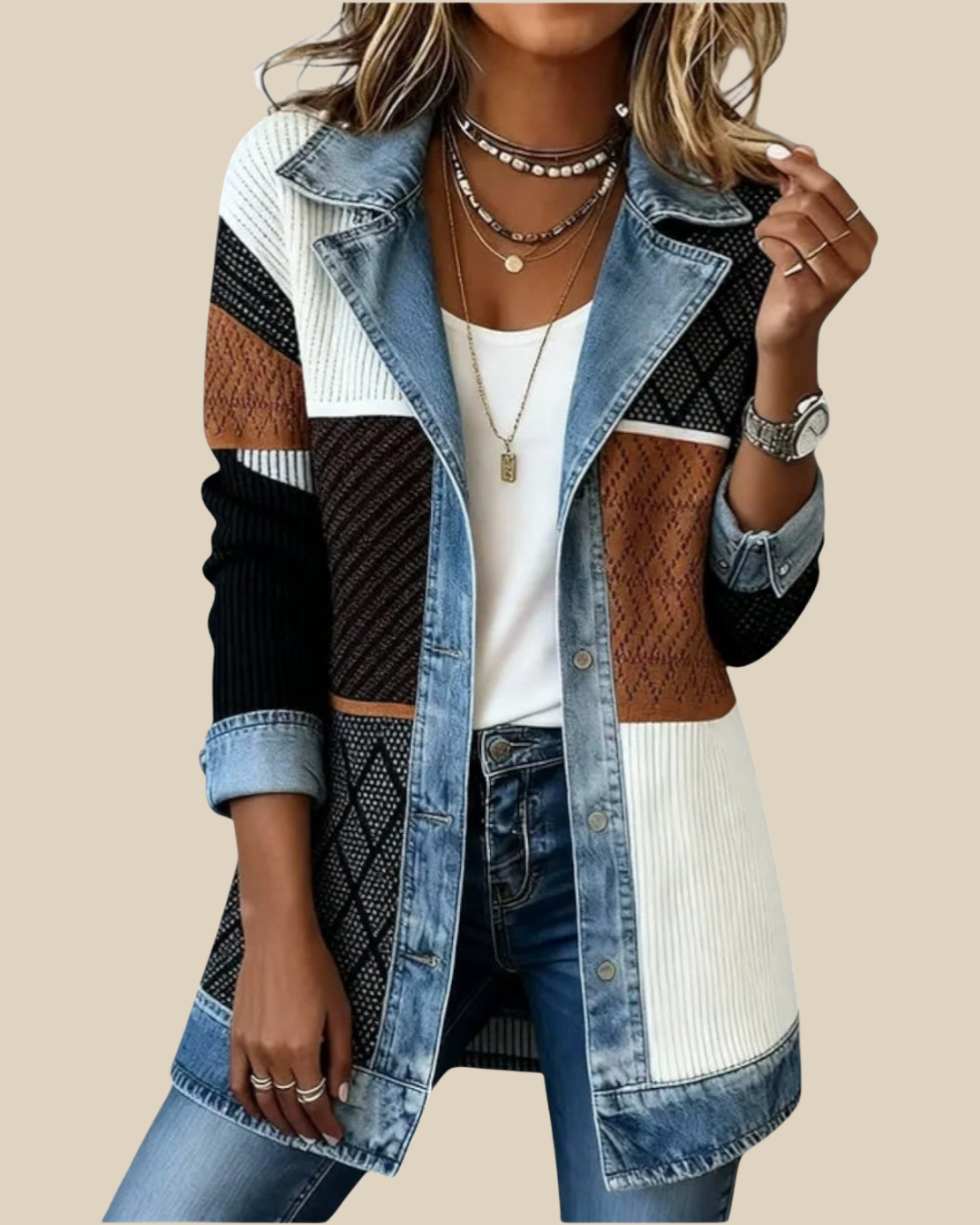Bobbi | Chaqueta Denim Patchwork con Detalles de Punto para Mujer