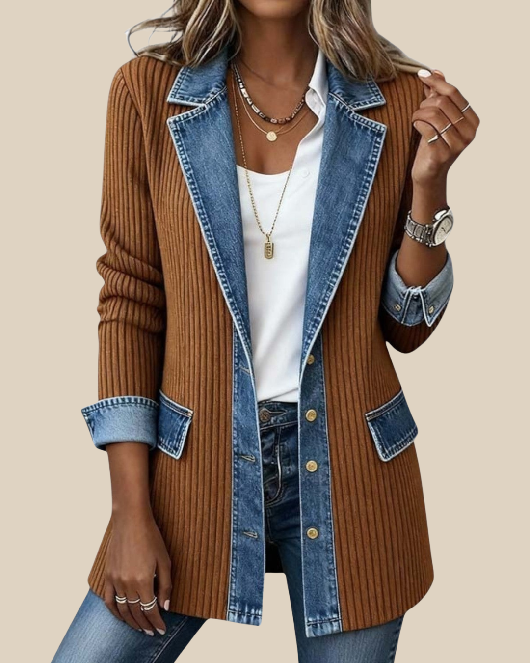 Bobbi | Chaqueta Denim Patchwork con Detalles de Punto para Mujer