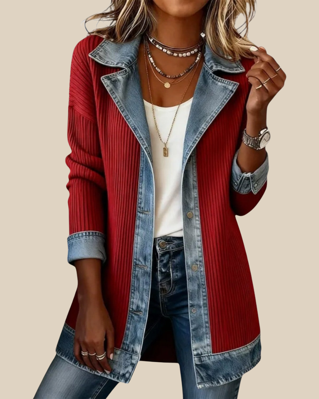 Bobbi | Chaqueta Denim Patchwork con Detalles de Punto para Mujer