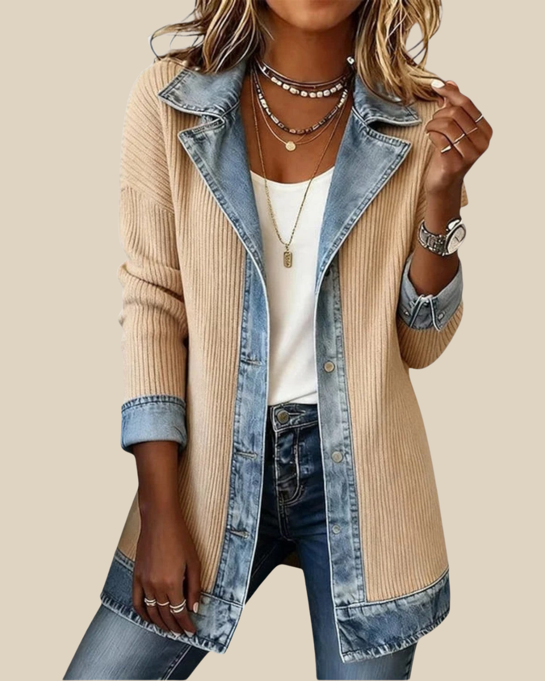 Bobbi | Chaqueta Denim Patchwork con Detalles de Punto para Mujer