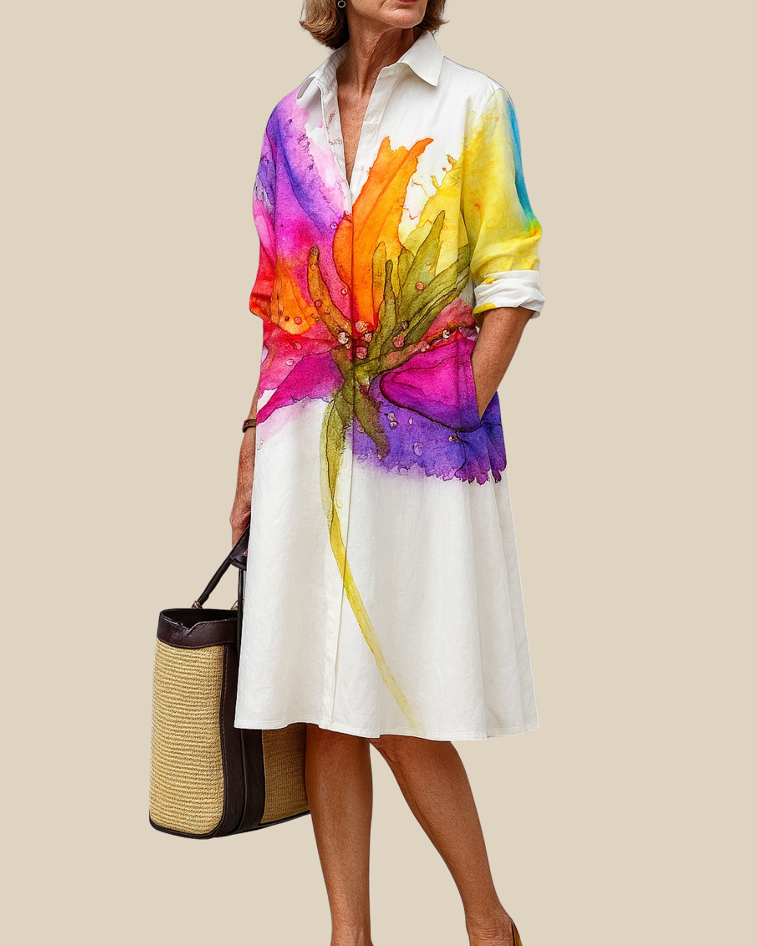 Hilde | Vestido Camisa Elegante con Estampado Acuarela para Mujer
