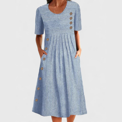 Vestido Midi A Rayas Con Botones Para Mujer - Estilo Clásico