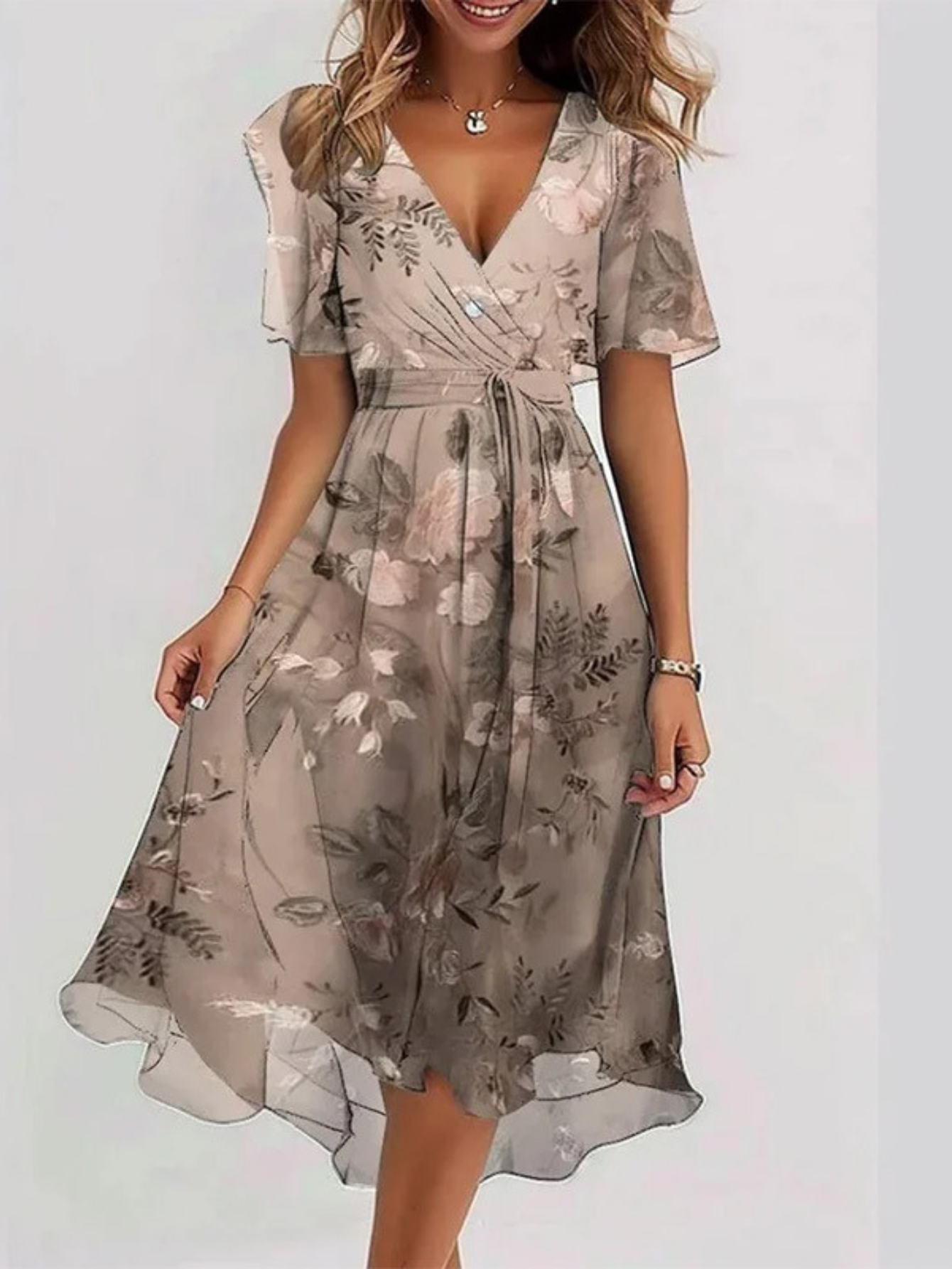 Vestido de verano con escote en V cruzado, falda fluida y cintura que estiliza el abdomen para mujer, ligero y elegante para diario