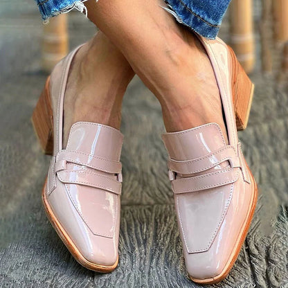 Mocasines brillantes con tacón ancho para mujer, elegantes y cómodos para oficina