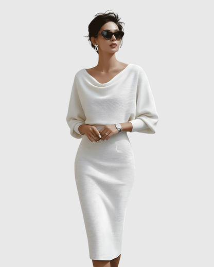 Vestido midi drapeado con mangas murciélago y escote elegante para mujer, sofisticado y cómodo para oficina o evento