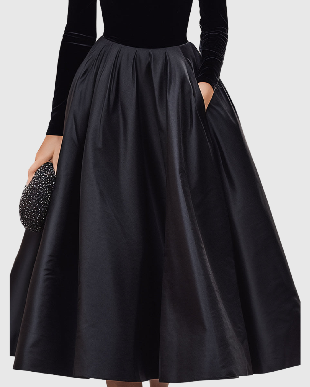 Vestido midi elegante de terciopelo y satén con cuello alto y falda amplia para mujer, sofisticado y cálido para fiesta o evento