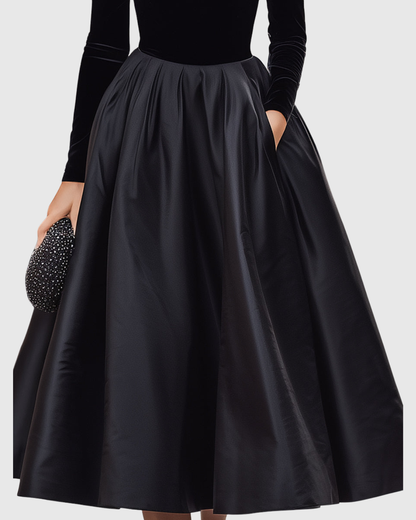 Vestido midi elegante de terciopelo y satén con cuello alto y falda amplia para mujer, sofisticado y cálido para fiesta o evento