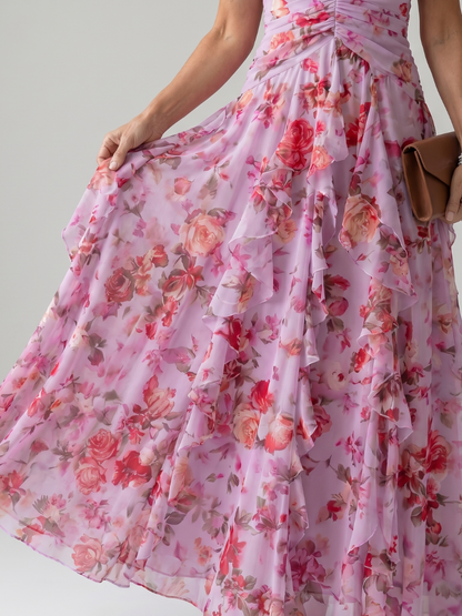 Vestido Maxi Cuello Halter Corpiño Fruncido Floral | Estilo Verano