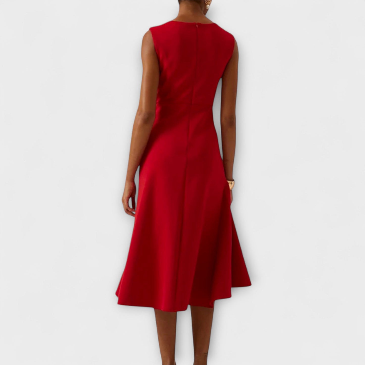 Vestido midi sofisticado sin mangas con cintura entallada y falda con vuelo para mujer