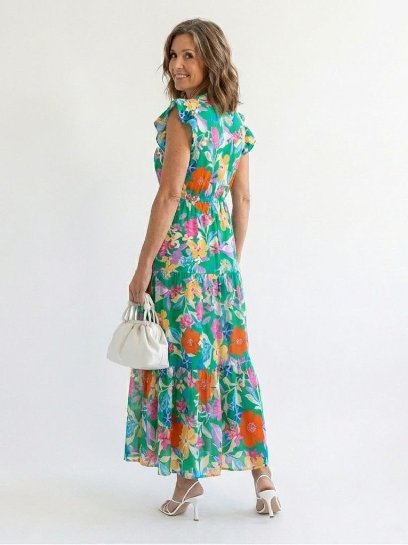 Vestido midi floral con capas en Verde y Azul claro - fresco y elegante