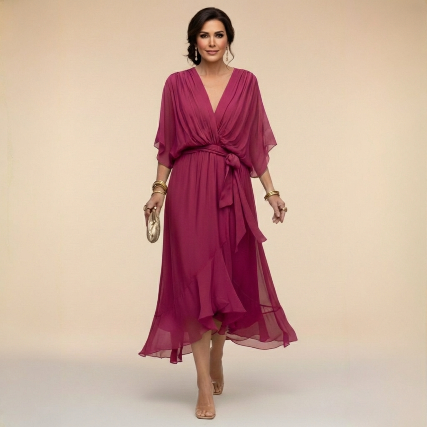 Vestido de gasa con escote en V para mujer, elegante y ligero