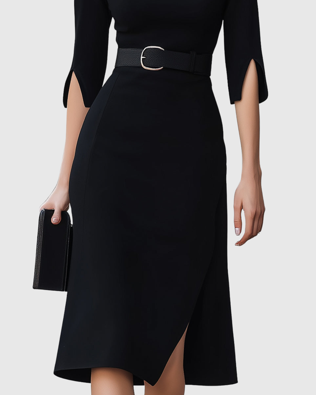 Vestido midi negro clásico con mangas tres cuartos y cintura definida para mujer