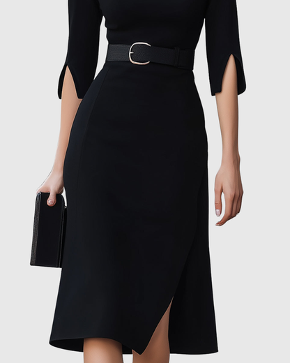 Vestido midi negro clásico con mangas tres cuartos y cintura definida para mujer