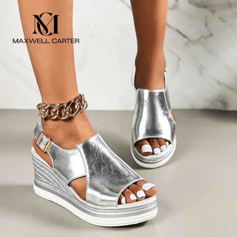 Sandalias ortopédicas de cuña con tiras metálicas y plantilla ergonómica para mujer, cómodas y elegantes para verano o diario