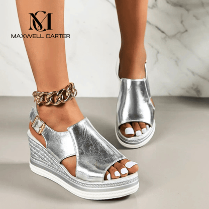 Sandalias ortopédicas de cuña con tiras metálicas y plantilla ergonómica para mujer, cómodas y elegantes para verano o diario