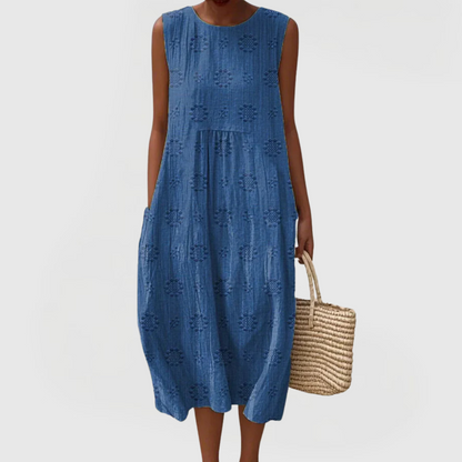Vestido midi elegante sin mangas con bolsillos laterales y tejido ligero para mujer, cómodo y versátil para verano o diario