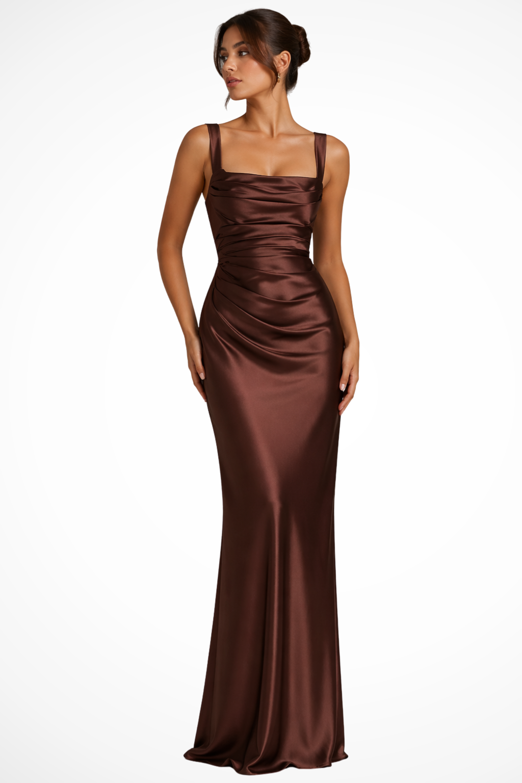 Vestido maxi satinado con cuello cuadrado y drapeado para mujer - Elegancia veraniega